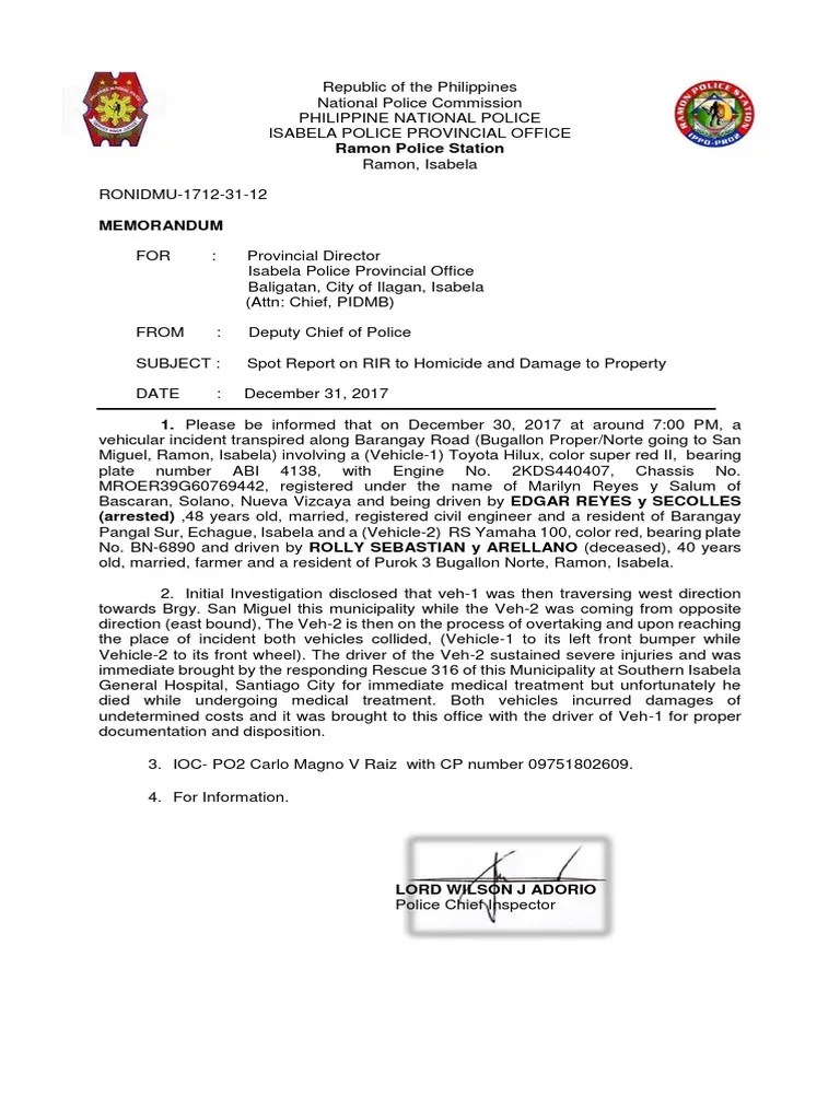 SPOT REPORT on Vehicular Incident DeC 30, 2017 Law Enforcement