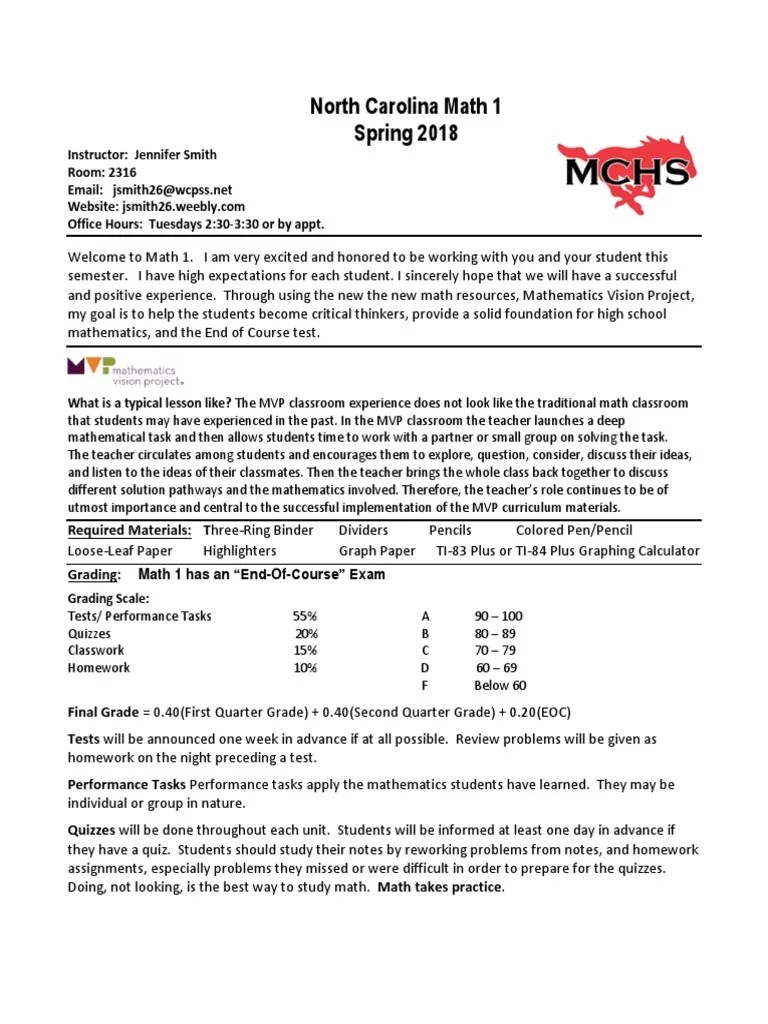 North Carolina Math 1 Spring 2018 PDF Homework Test (Assessment)