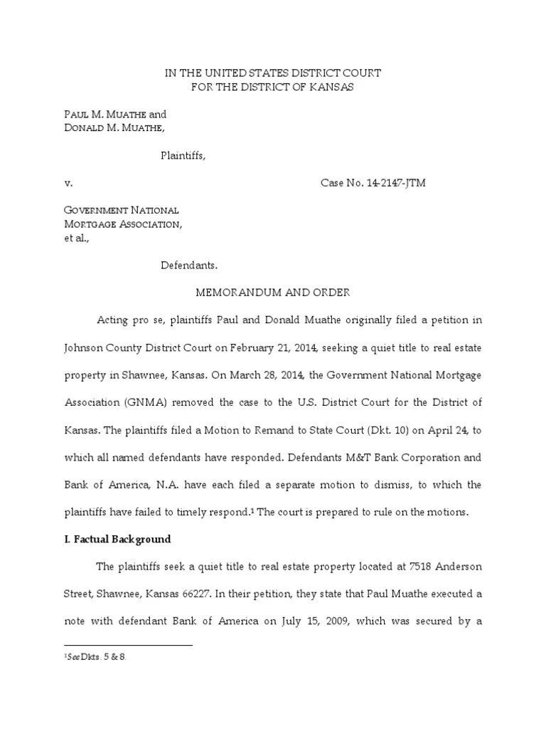 Federal Quiet Title kansas Diversity Jurisdiction Federal Rules Of