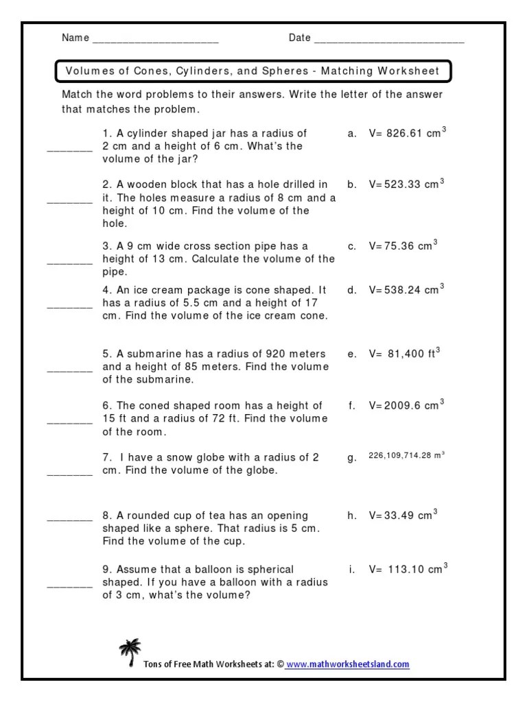 Volumes of Cones, Cylinders, and Spheres Matching Worksheet PDF
