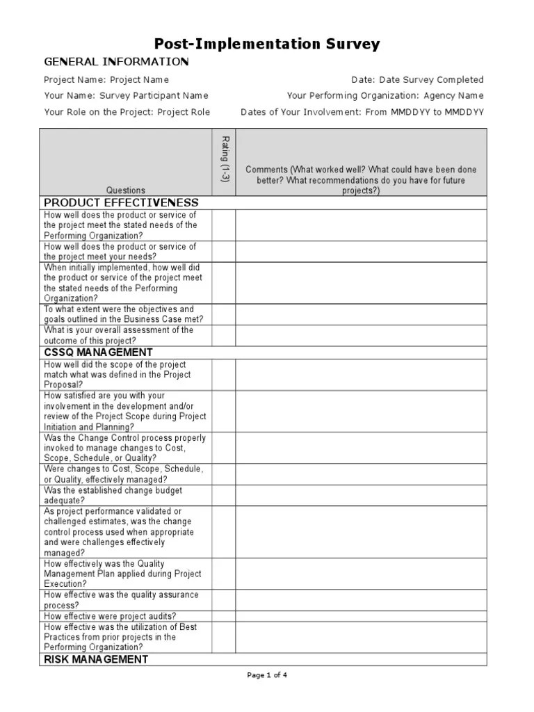 Post Implementation Survey Template PDF Risk Management Change