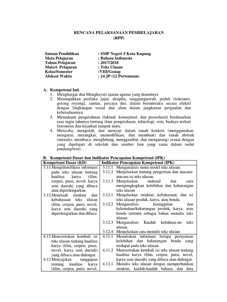 RPP Teks Ulasan Bahasa Indonesia | PDF