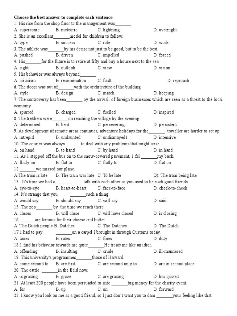 Choose The Best Answer To Complete Each Sentence PDF Memory Long