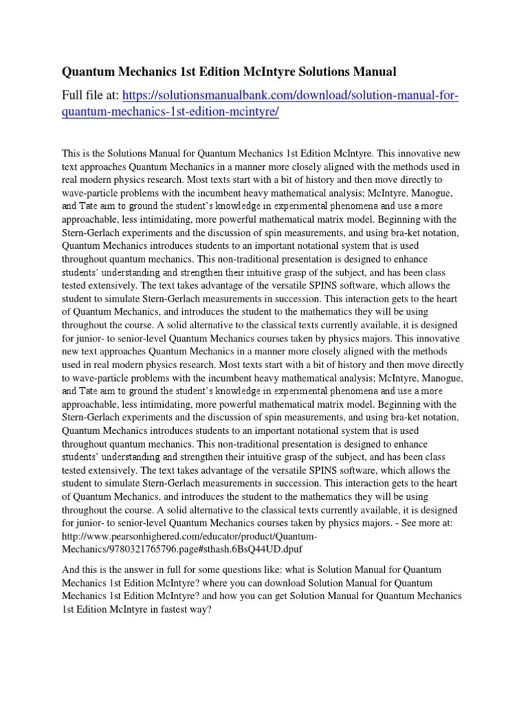 Quantum Mechanics 1st Edition McIntyre Solutions Manual PDF Business