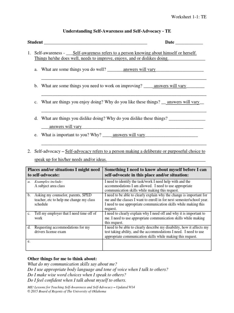 Worksheet 1-1 Understanding Self-Awareness and Self-Advocacy TE-1