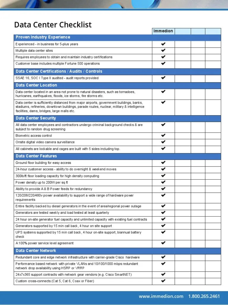 Data Center Checklist Proven Industry Experience Data Center