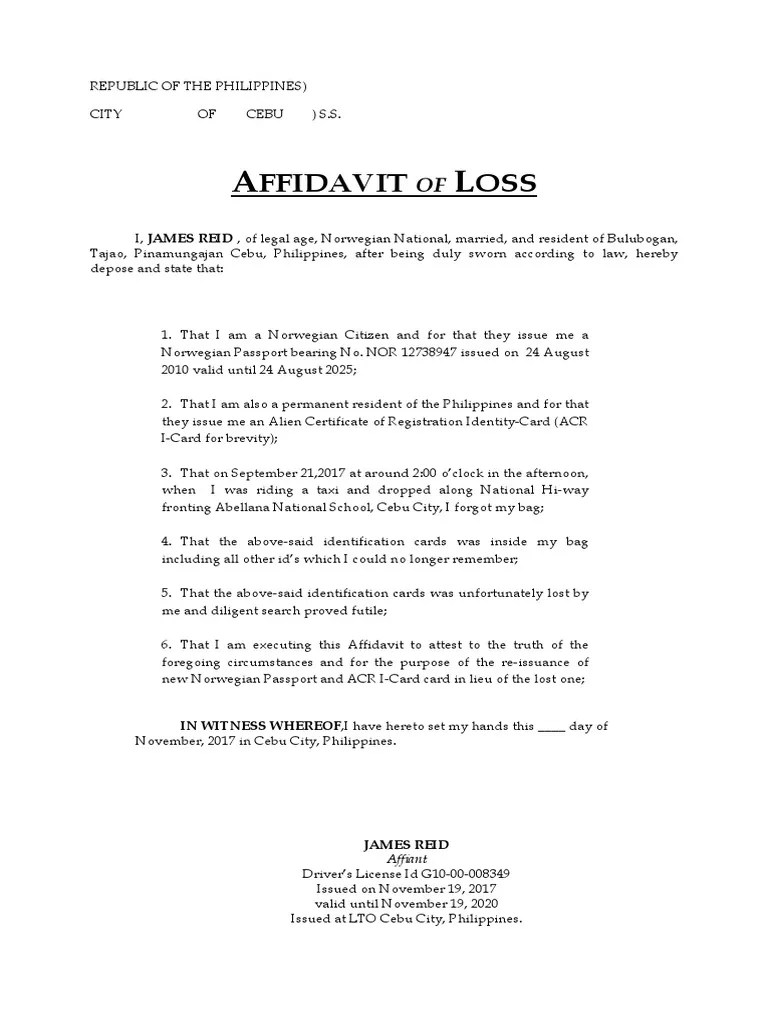 Affidavit of Loss Passport Jamesreid