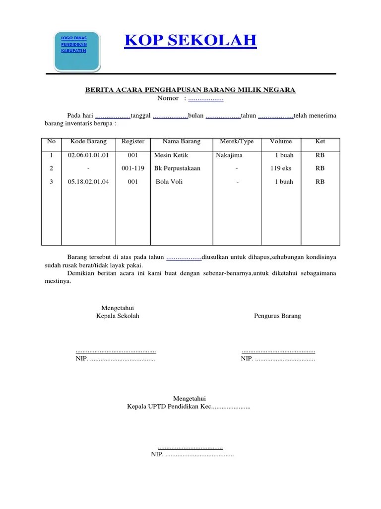 Format Berita Acara Penghapusan Barang Inventaris Sekolah File Terbaru