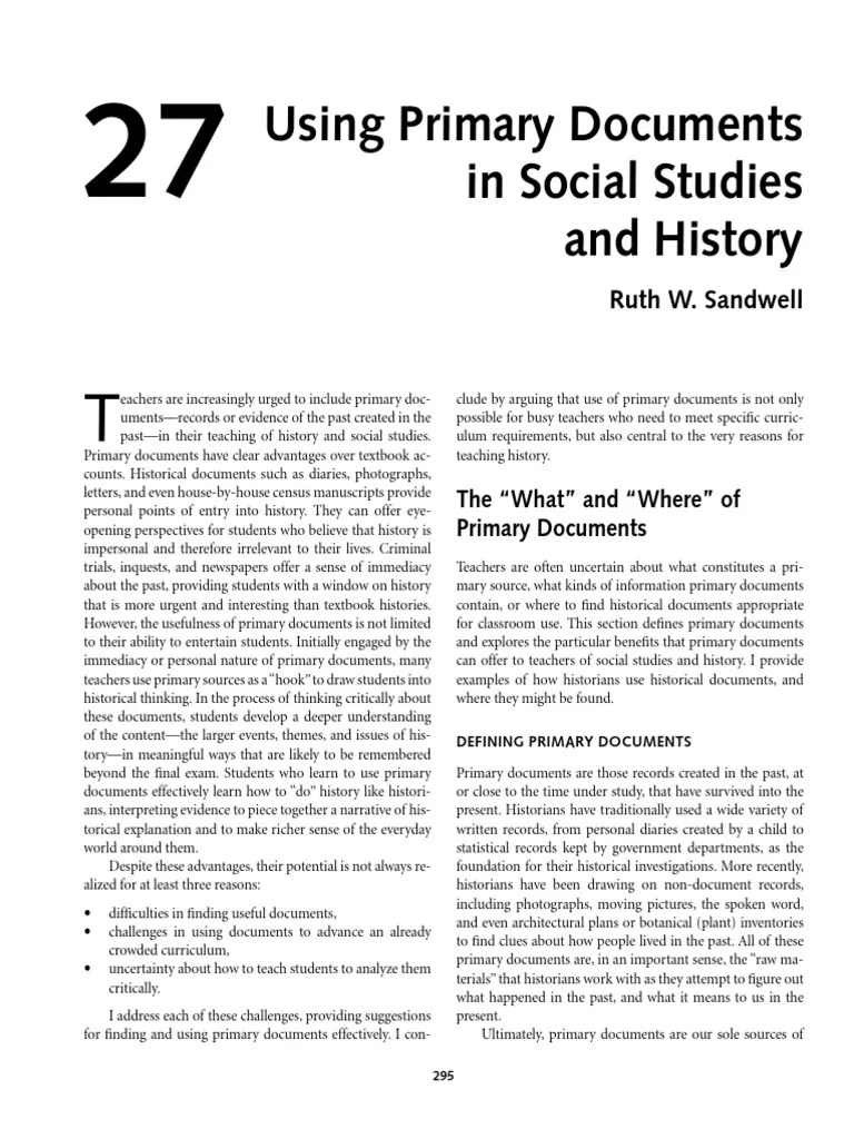 Using Primary Sources in the Classroom Defining Documents, Their Uses