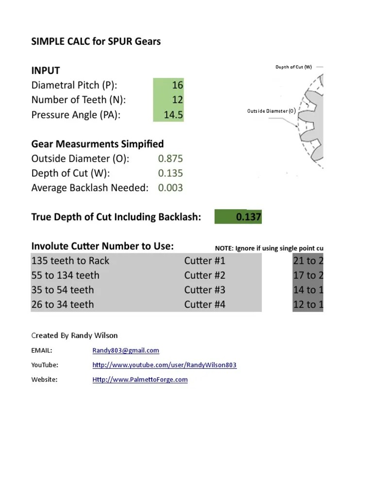 Simple Spur Gear Calculator SpreadSheet
