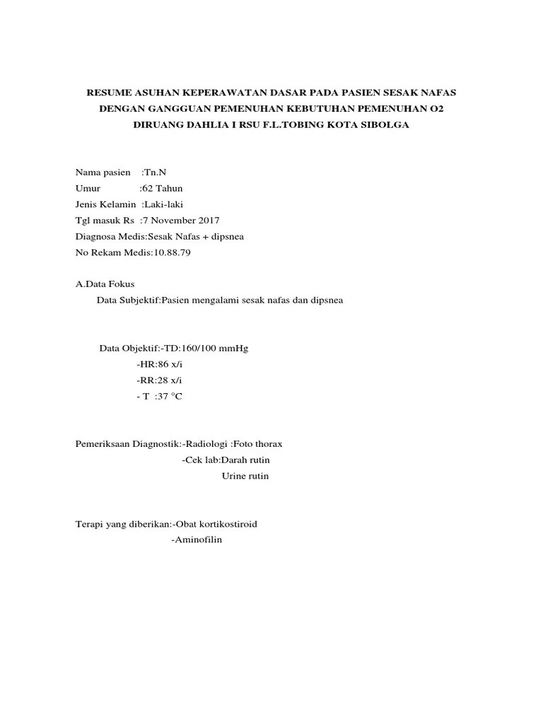 Resume Asuhan Keperawatan Dasar Pada Pasien Sesak Nafas