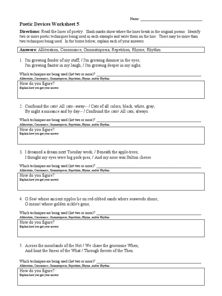 Poetic Devices Worksheet Rhyme Poetry