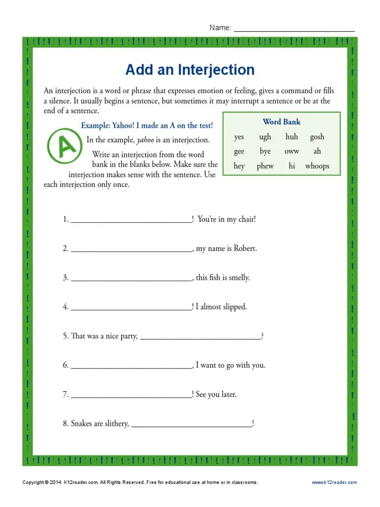 Interjection Worksheet | PDF | Sentence (Linguistics) | Semantics