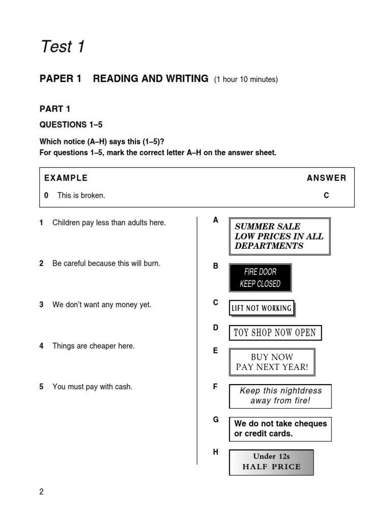 Test 1 Paper 1 Reading And Writing