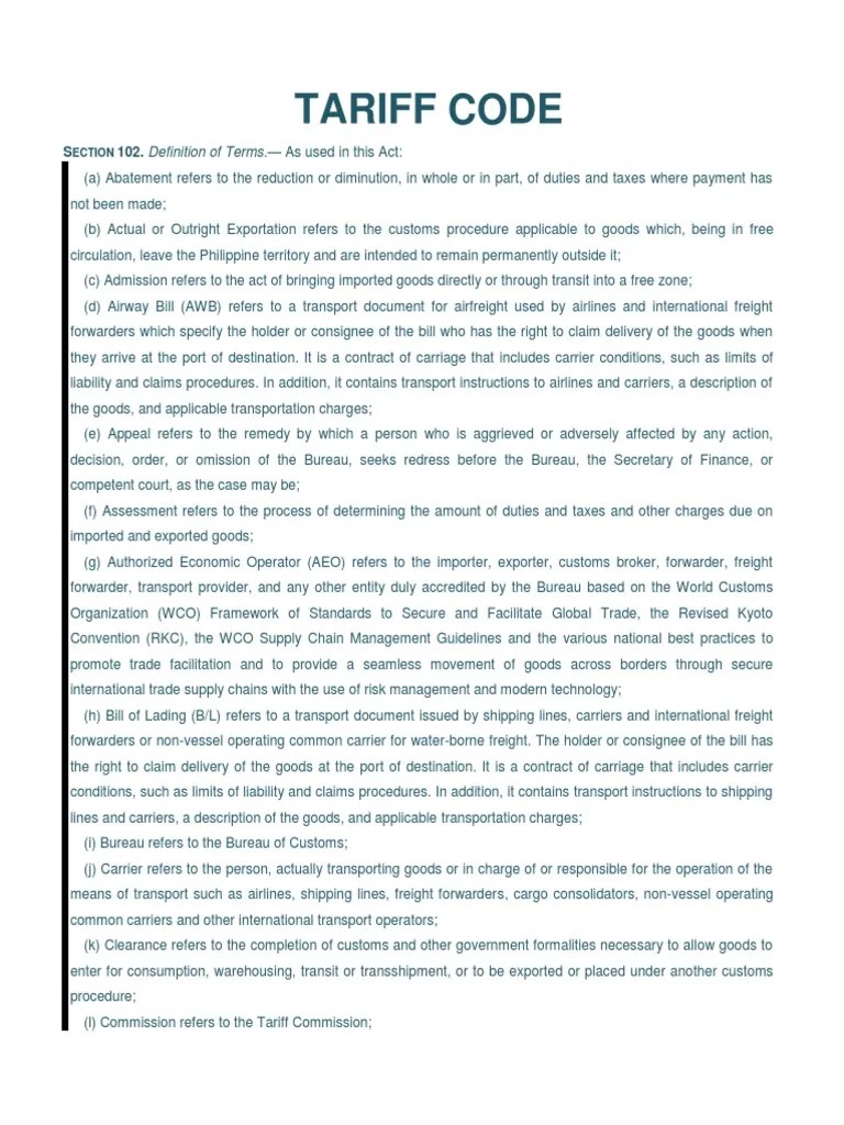 Tariff Code PDF Customs Cargo