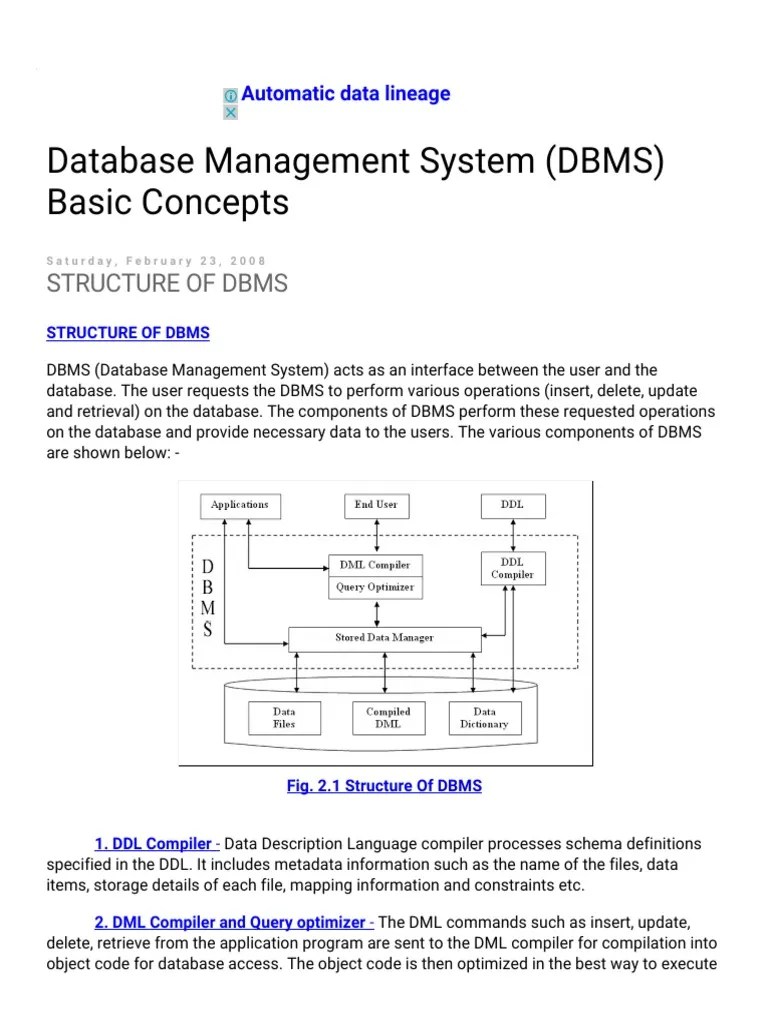 Database Management System (DBMS) Basic Concepts STRUCTURE of DBMS