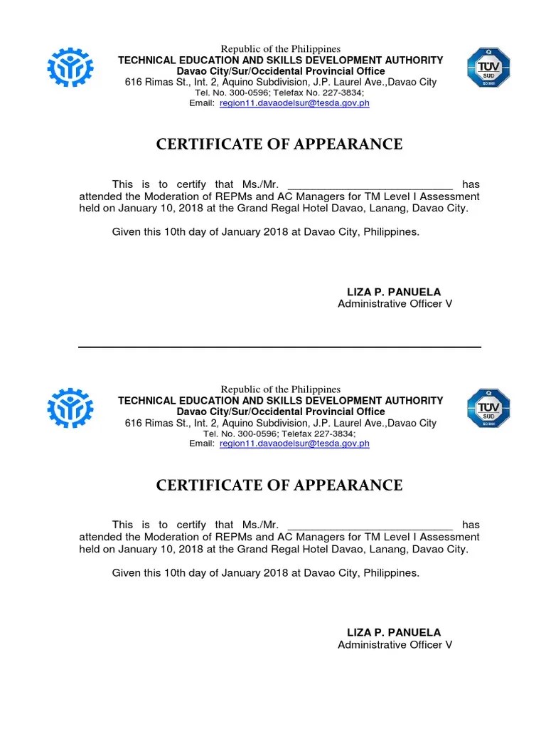 Certificate of Appearance