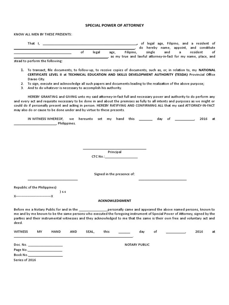 Special Power of Attorney Individual Power Of Attorney Notary Public