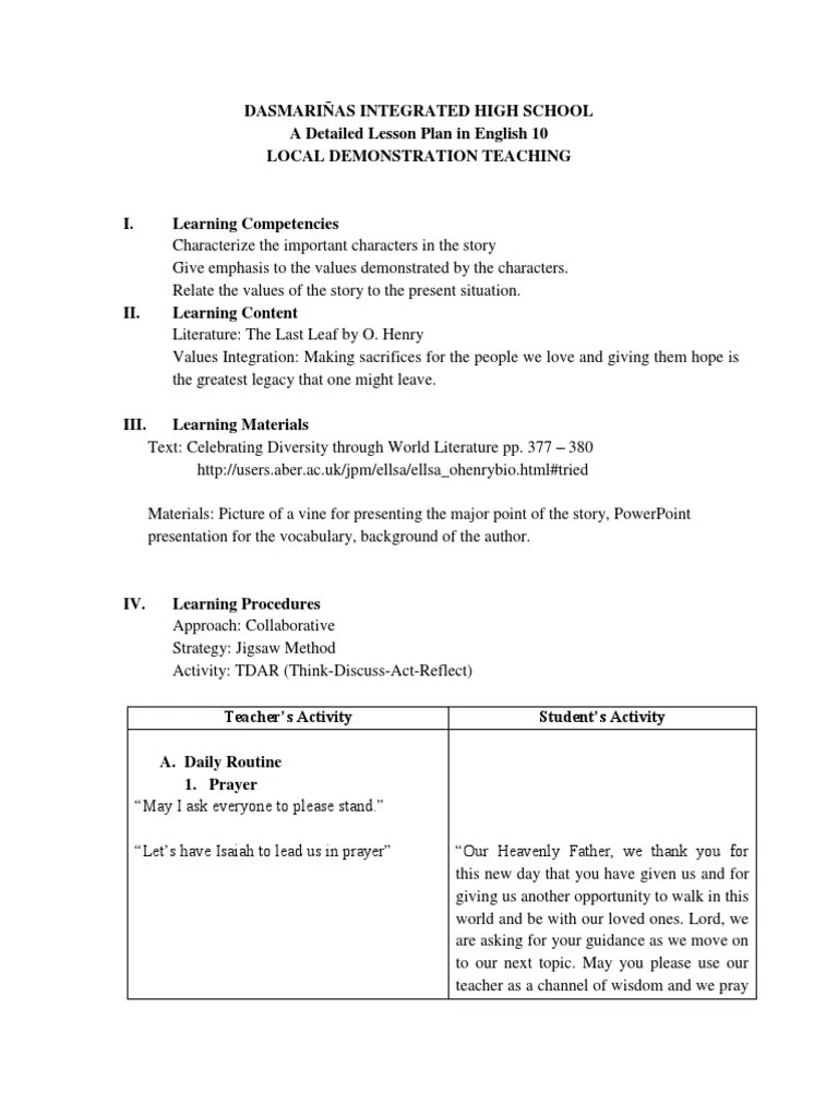 Detailed lesson plan (Grade 10) O. Henry