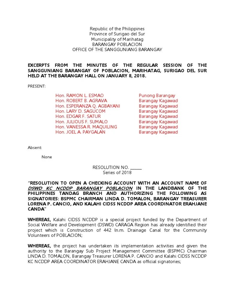 Barangay Resolution OPENING BANK ACCOUNT PDF Government