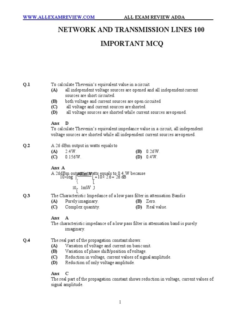 Network and Transmission Lines 100 MCQ PDF Electrical Impedance