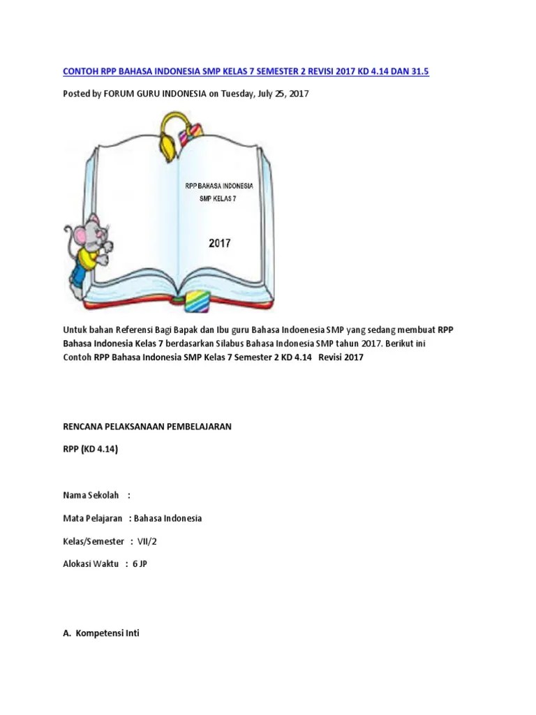 Contoh Rpp Bahasa Indonesia Smp Kelas 7 Semester 2 Revisi 2017 Kd 4