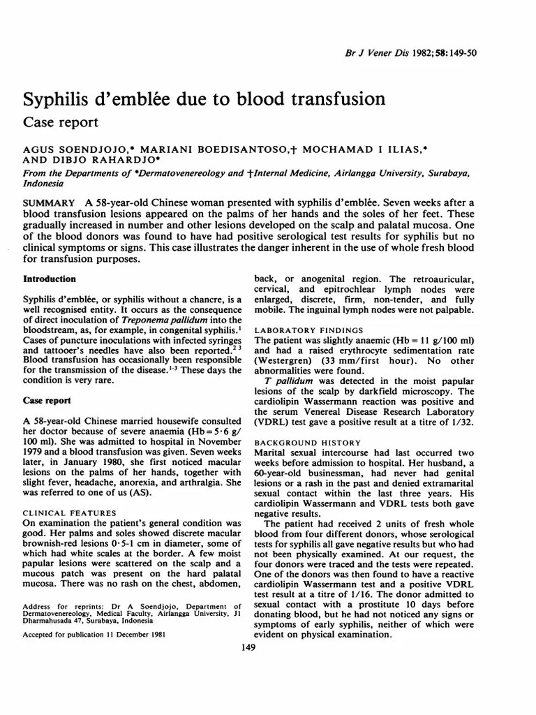 Syphilis D'Emblee PDF Blood Transfusion Clinical Pathology