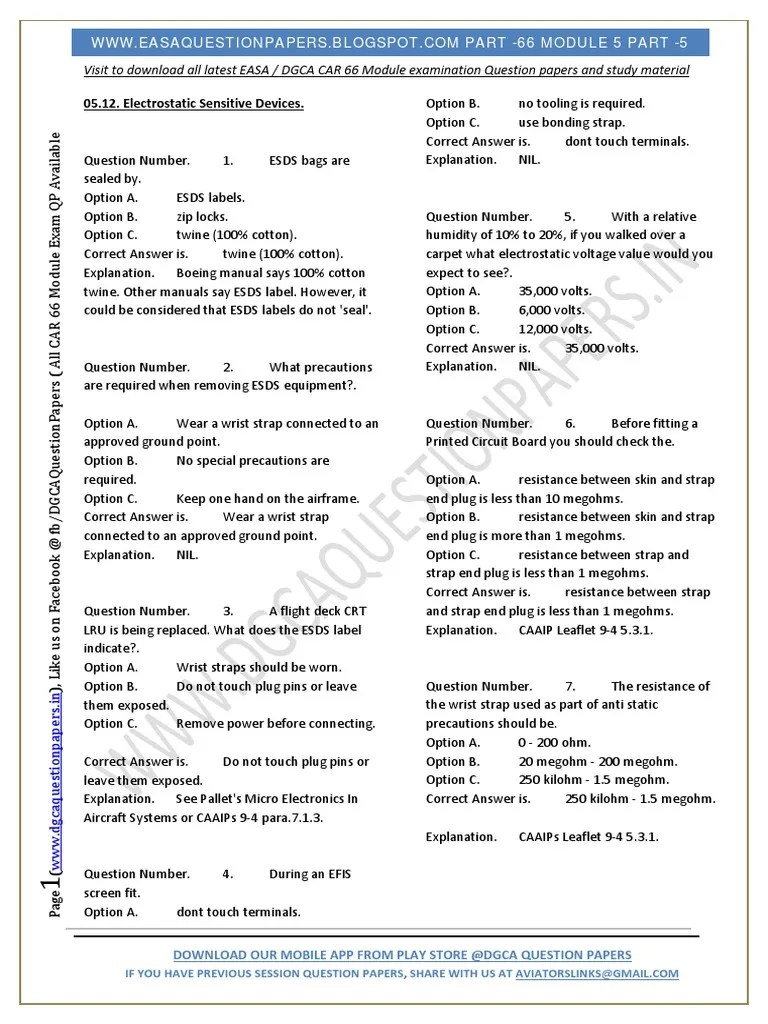 EASA Part66 Exam Questions of Module 05 Avionics Part V Electrostatic Discharge Physical