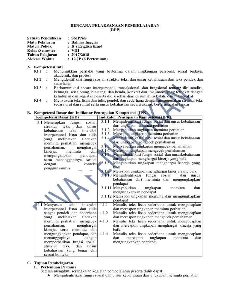 RPP Revisi 2017 Bahasa Inggris Kelas 8 SMP