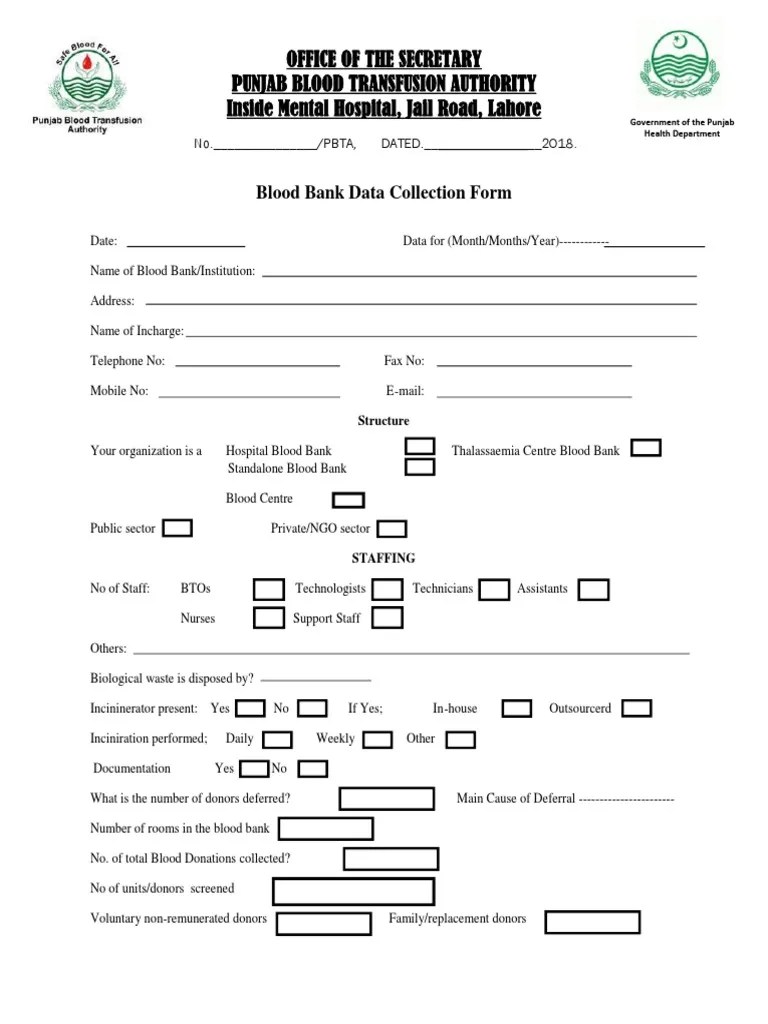 Blood Bank Data Collection Form Blood Donation Blood Transfusion