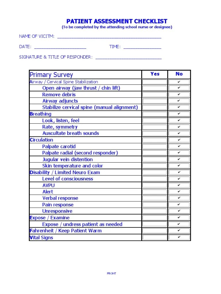 Patient Assessment Checklist Breathing Pain