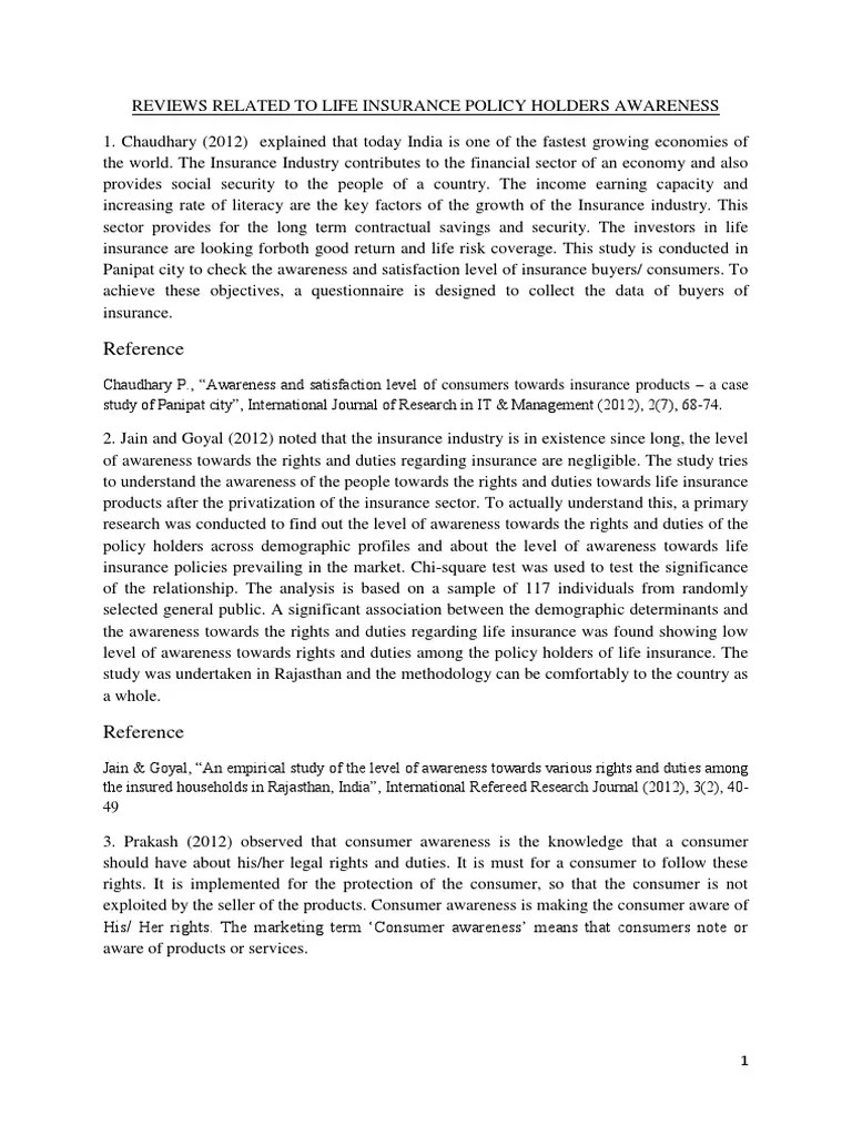 Review of Literature On Customer's Awareness Insurance Customer