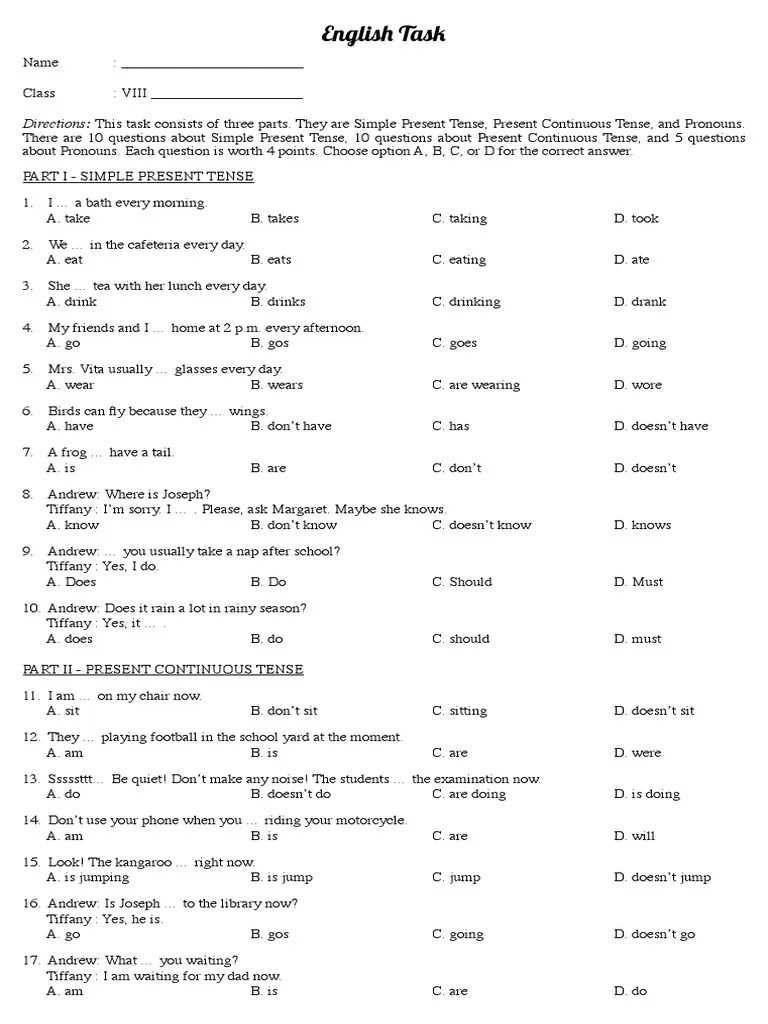 Soal Bahasa Inggris Kelas 8 - Simple Present Tense, Present Continuous Tense  | PDF