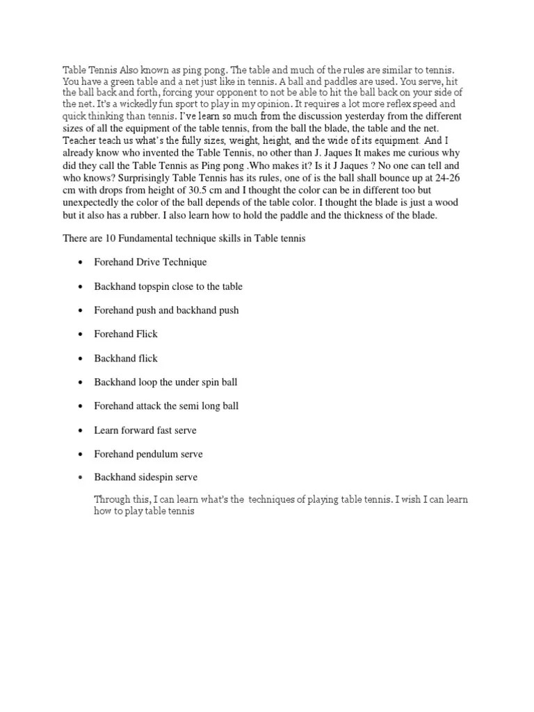 Table Tennis Also Known As Ping Pong PDF