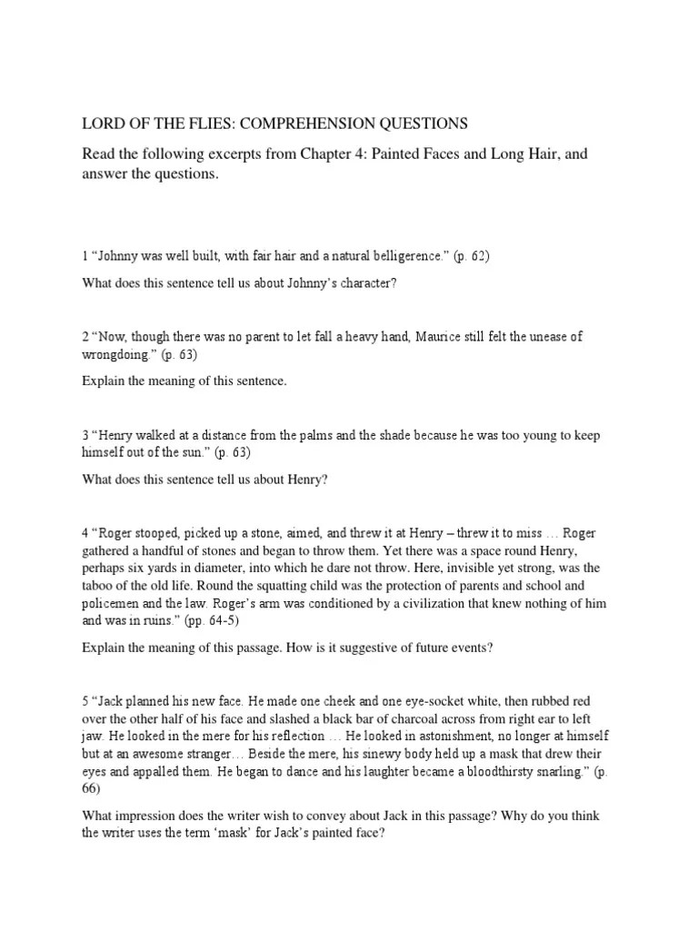 Lord of The Flies Comprehension Questions Read The Following Excerpts
