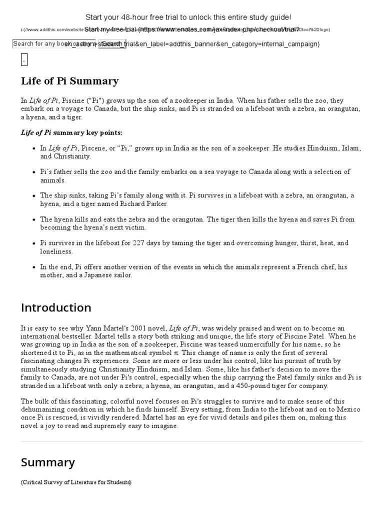Life of Pi Summary PDF