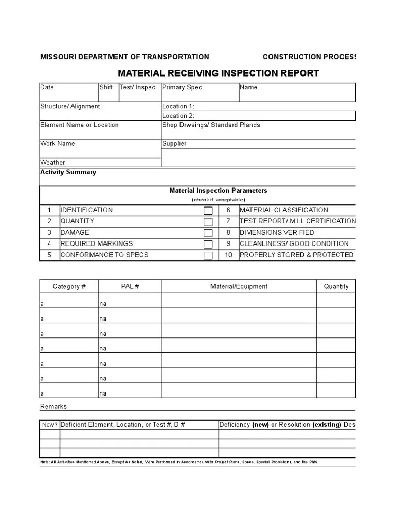 Material Receiving Inspection Report Technology & Engineering Business