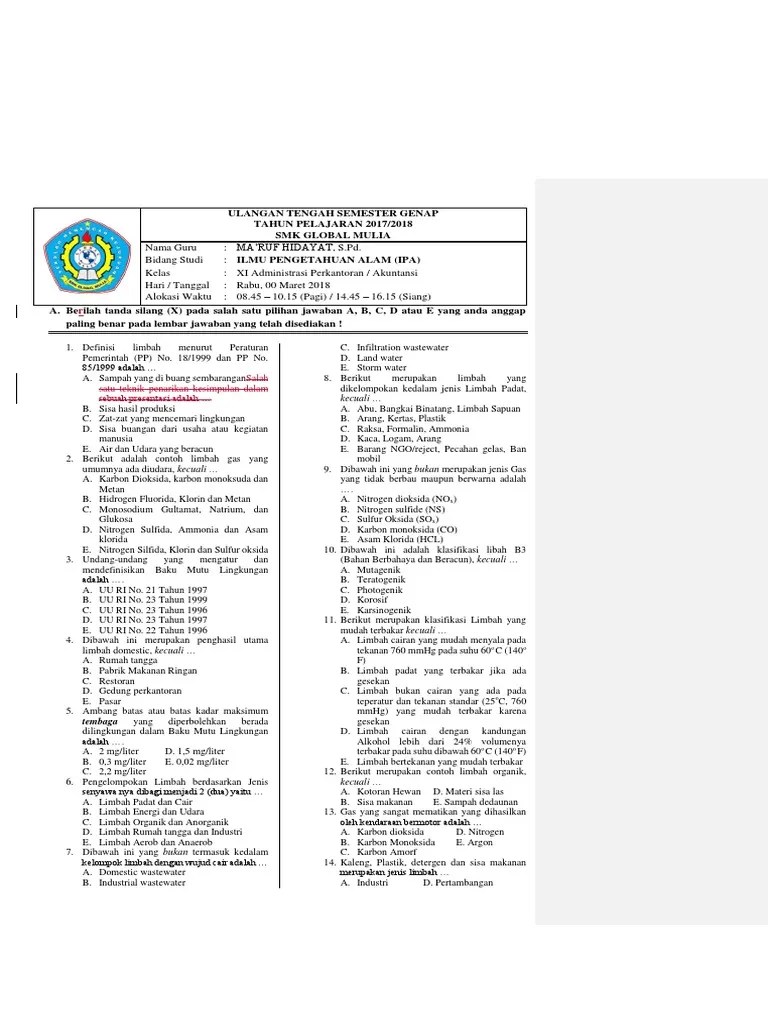 Soal Ipa Smk Kelas Xi Semester Genap Beserta Jawabannya