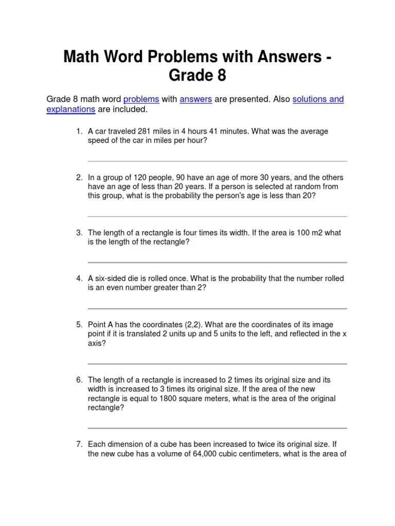 Grade 8 Math Word Problems With Answers Area Speed