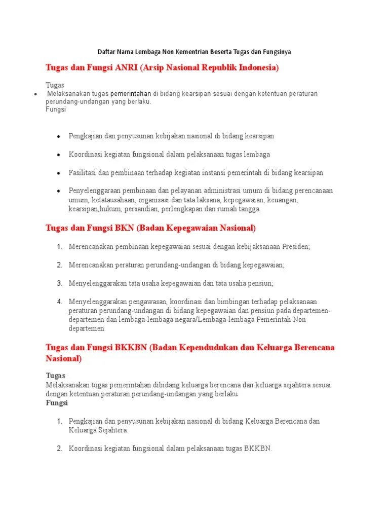 Daftar Nama Lembaga Non Kementrian Beserta Tugas Dan Fungsinya | PDF