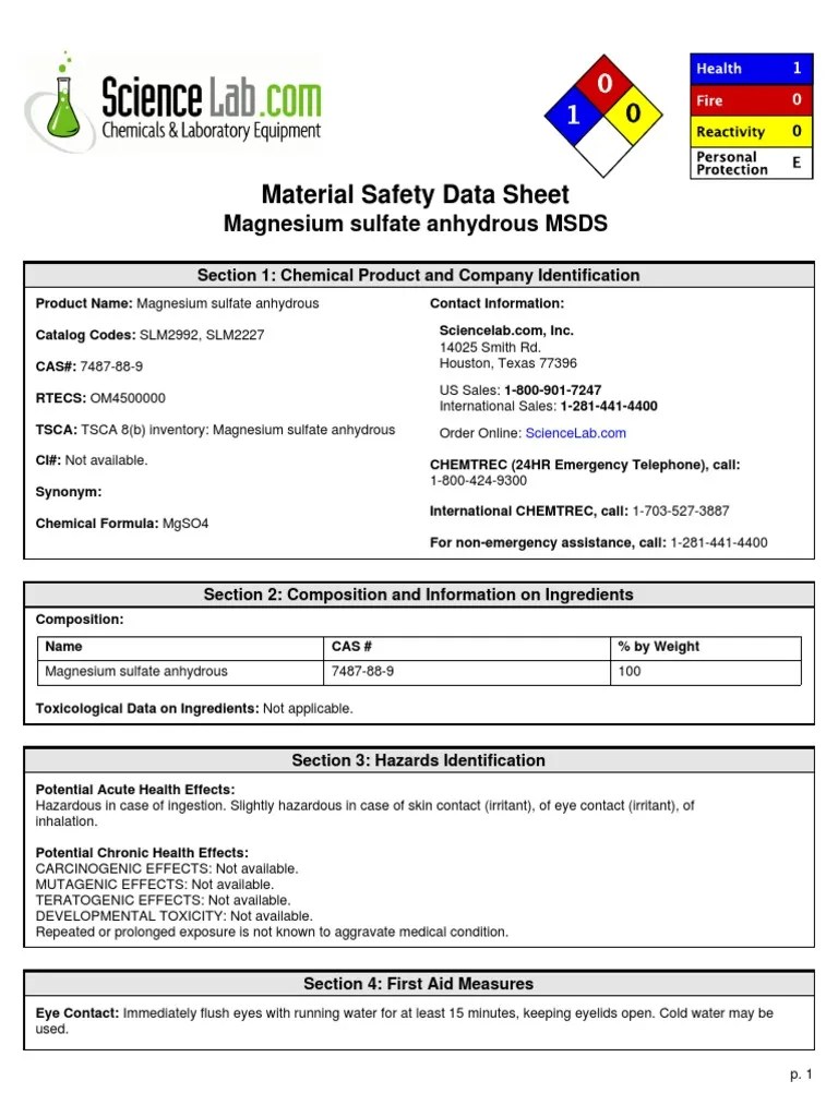 Material Safety Data Sheet Magnesium Sulfate Anhydrous MSDS PDF