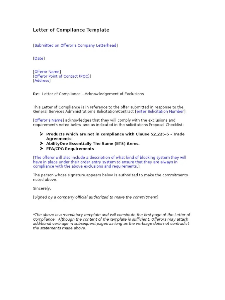 Letter of Compliance Template 6-09