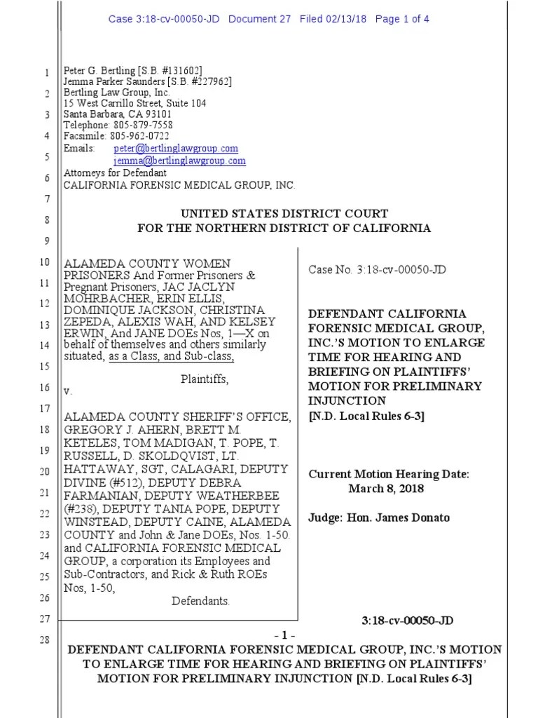 California Forensic Medical Group Motion Mohrbacher Et Al v. Alameda County Sheriffs Office Et