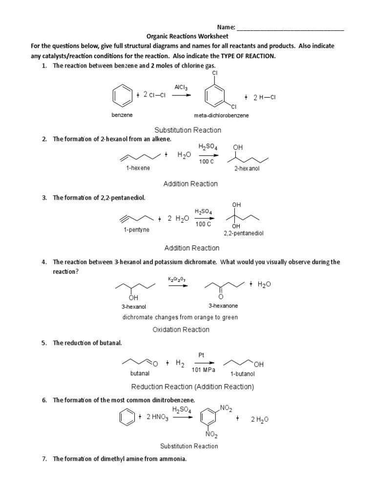 Organic Reactions Worksheet Answers PDF Chlorine Alcohol