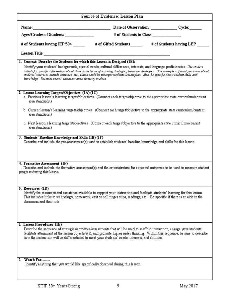 KTIP Lesson Plan Template Lesson Plan Educational Assessment