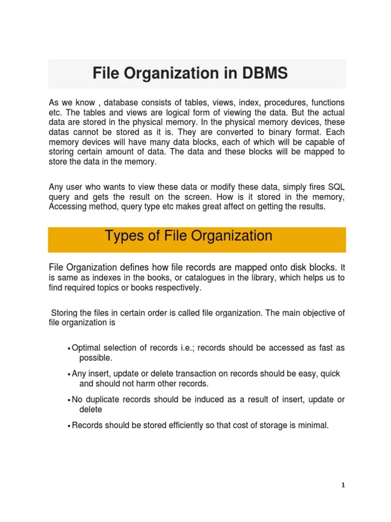 File Organization in DBMS PDF Database Index Databases