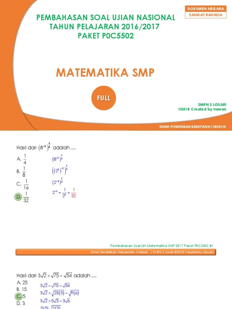 Pembahasan Soal UN Matematika SMP 2017 Paket P0C5502 Full | PDF