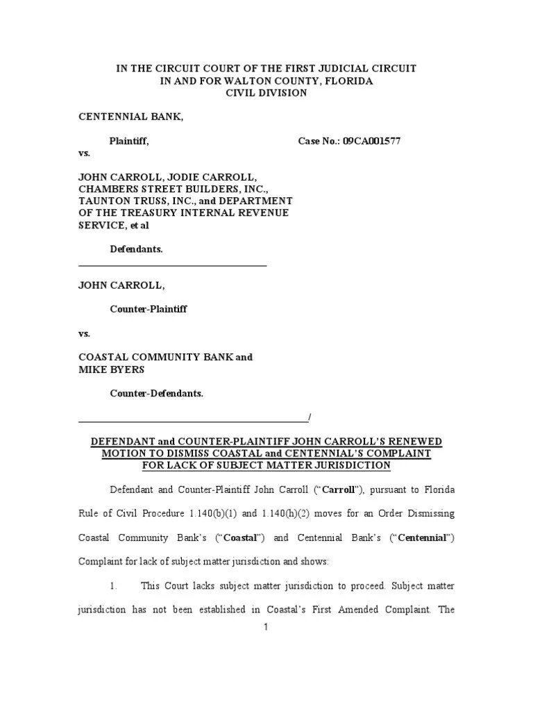 Renewed Motion To Dismiss For Lack of Subject Matter Jurisdiction PDF