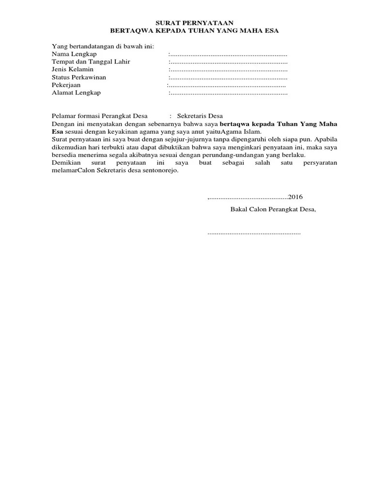 Surat Pernyataan Bertaqwa Kepada Tuhan Yang Maha Esa Perangkat Desa