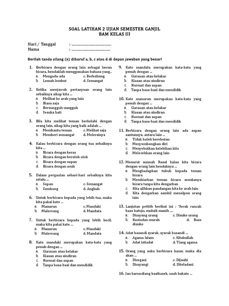 Soal LATIHAN 2 Ujian Semester Ganjil Bam Kelas 3 Sd